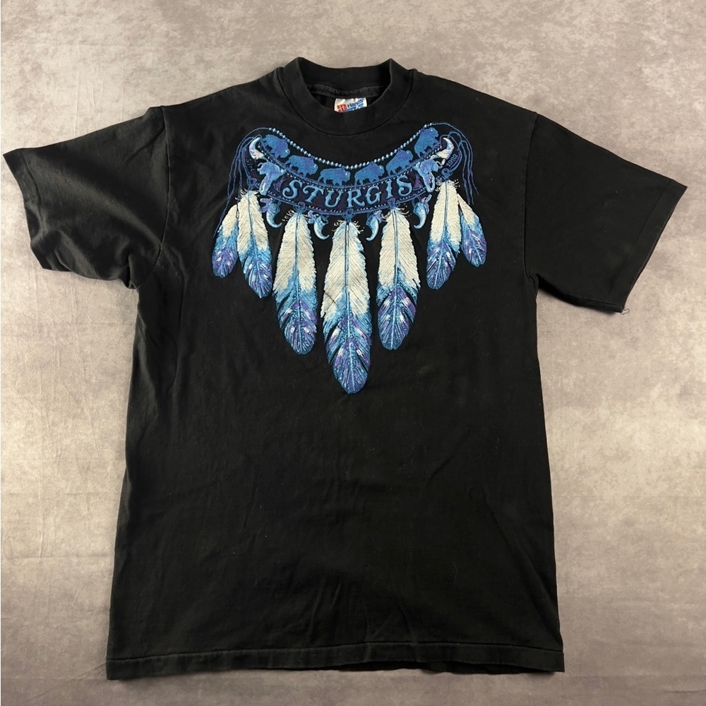 Sturgis Biker Tee w/ Feather Print – 90s Vintage M size